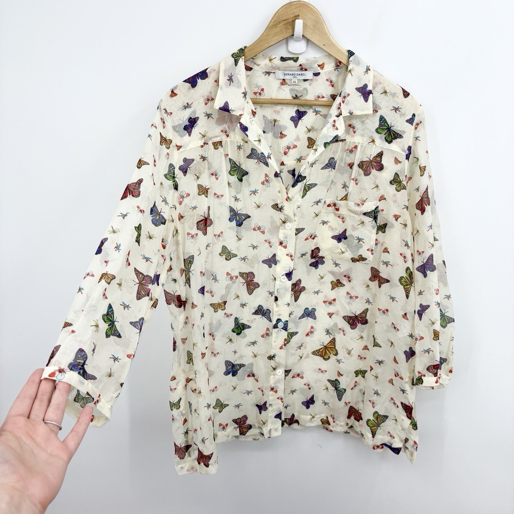 Gerard Darel Top 44 XLarge Butterfly Silk Blend Whimsy Boho Ethereal Cottage